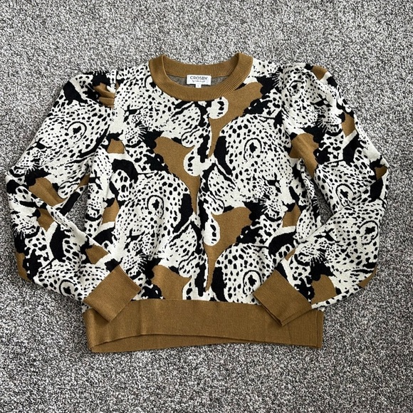 CROSBY Bixby Cashmere Blend Intarsia Leopard Crewneck Long Puff Sleeve Sweater - Picture 2 of 6